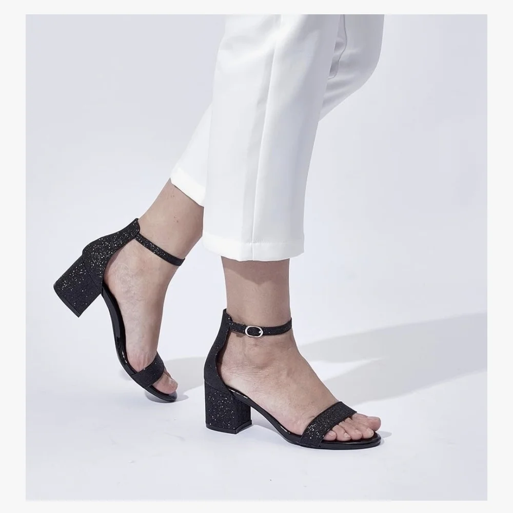 GENSHUO Open Toe Ankle Strap Block Chunky Low Heels #944